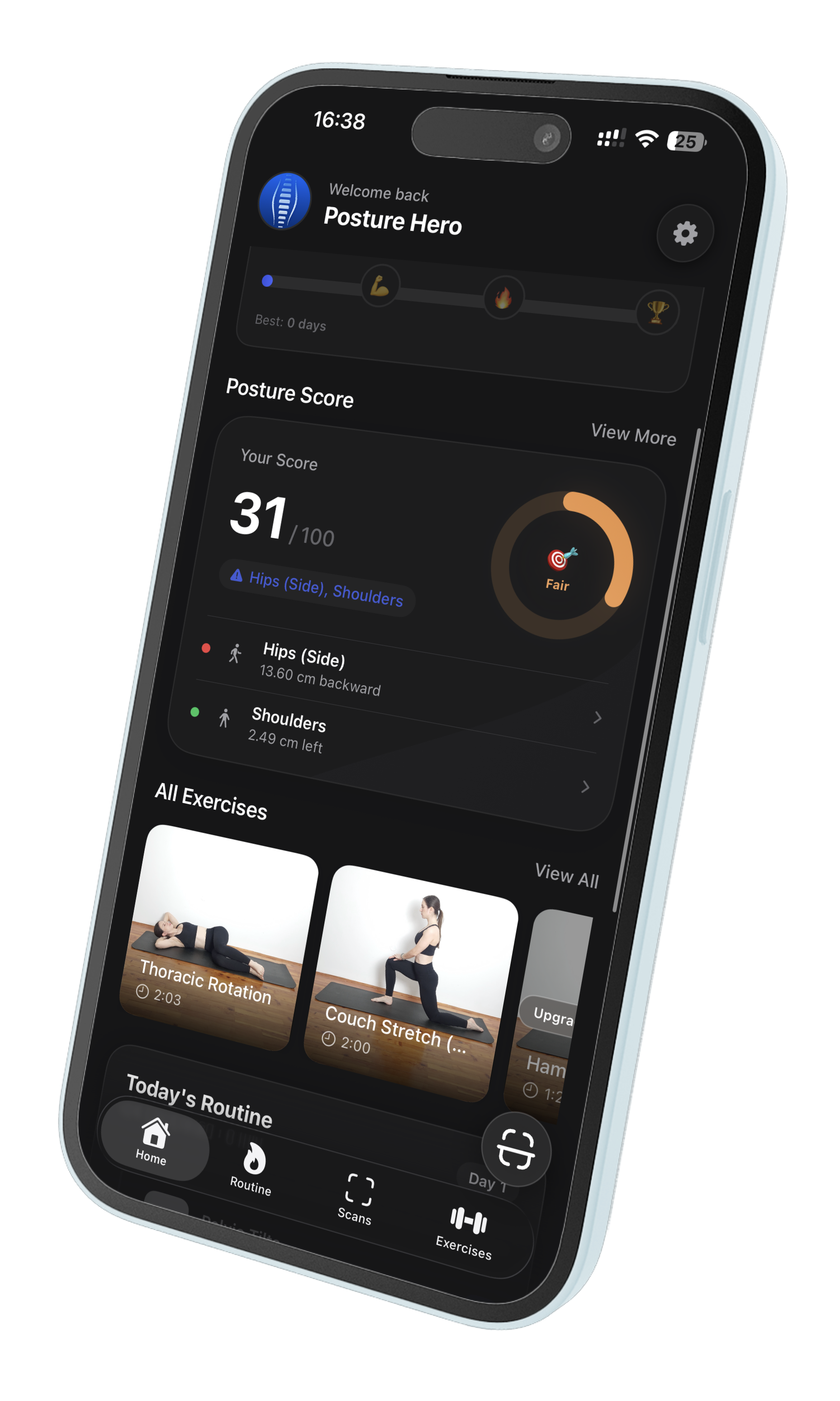 StandMax app showing posture score and analysis